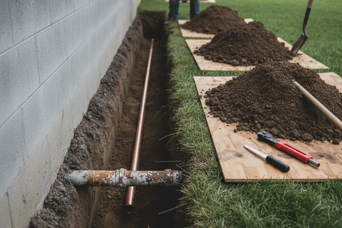 Excavated water line trench during Water Heater Repair in Spring Glen